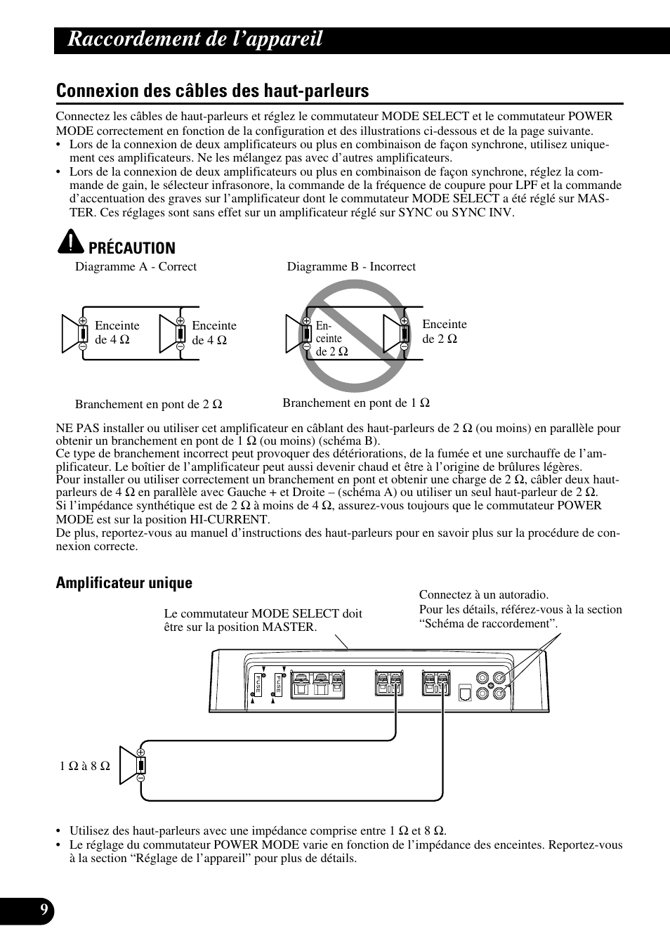 Connexion des câbles des haut-parleurs, Raccordement de l’appareil | Pioneer PRS-D1000M User Manual | Page 26 / 50