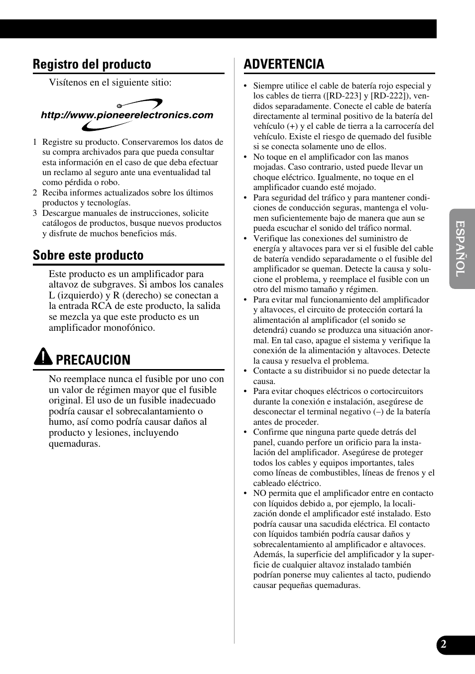 Registro del producto, Sobre este producto, Precaucion | Advertencia | Pioneer PRS-D1000M User Manual | Page 35 / 50