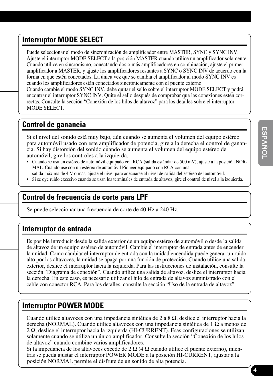 Control de ganancia, Interruptor de entrada, Control de frecuencia de corte para lpf | Interruptor mode select, Interruptor power mode | Pioneer PRS-D1000M User Manual | Page 37 / 50