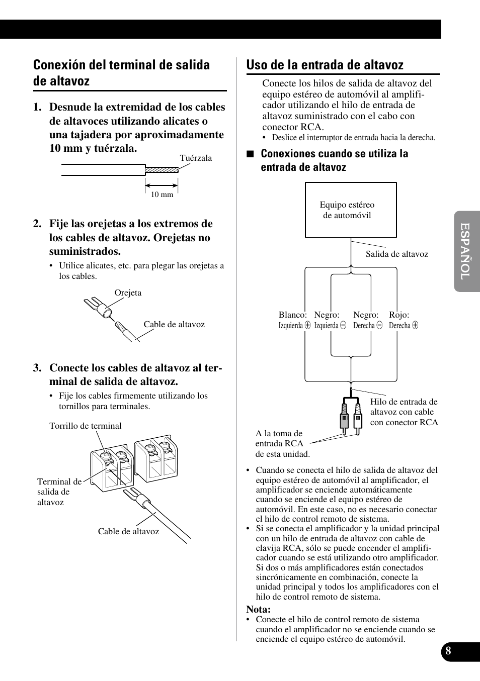 Conexión del terminal de salida de altavoz, Uso de la entrada de altavoz | Pioneer PRS-D1000M User Manual | Page 41 / 50