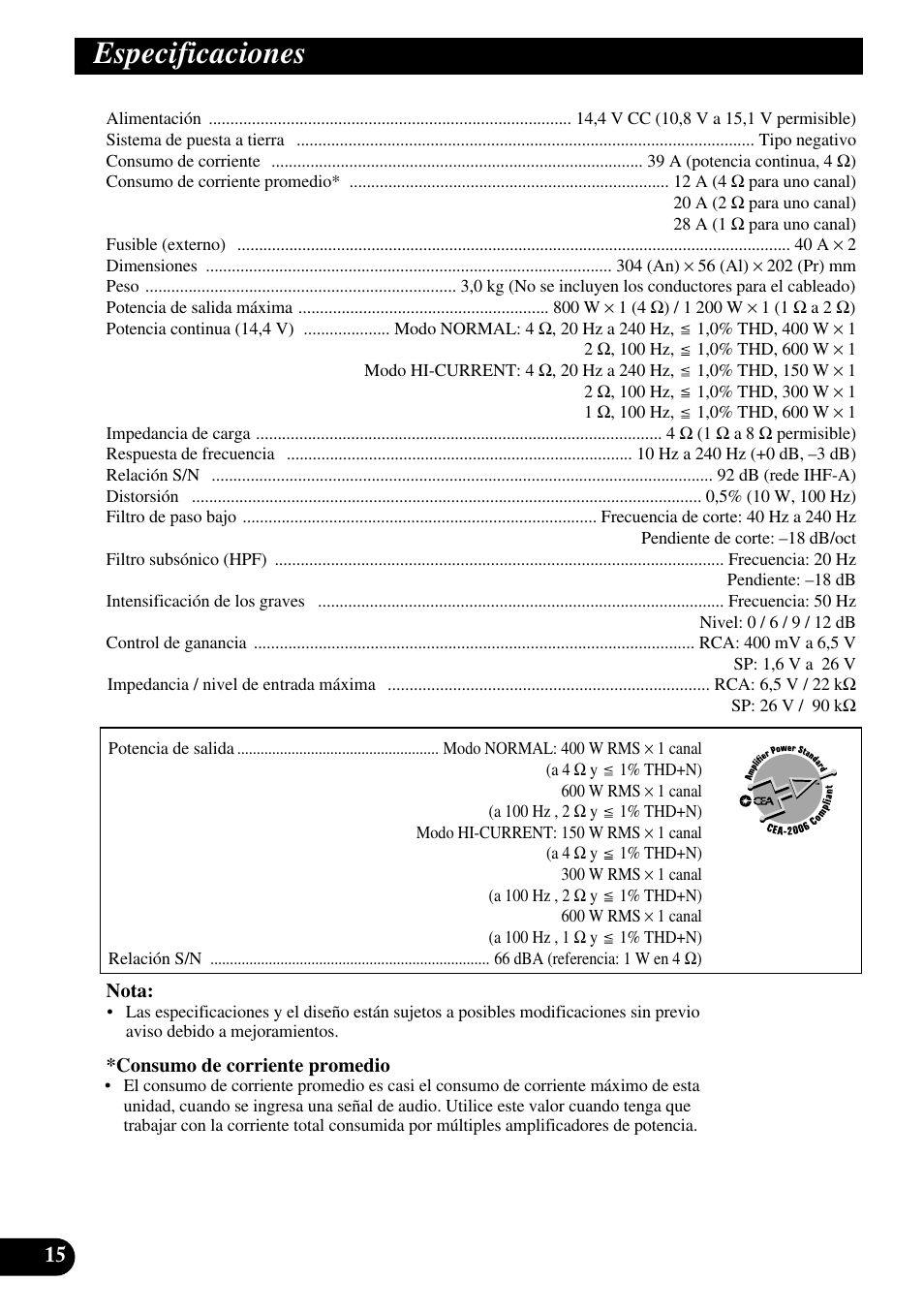Especificaciones | Pioneer PRS-D1000M User Manual | Page 48 / 50