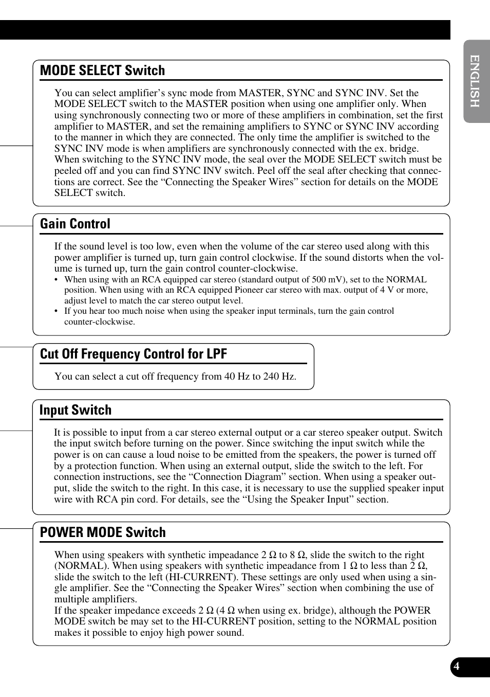 Gain control, Input switch, Mode select switch | Power mode switch, Cut off frequency control for lpf | Pioneer PRS-D1000M User Manual | Page 5 / 50
