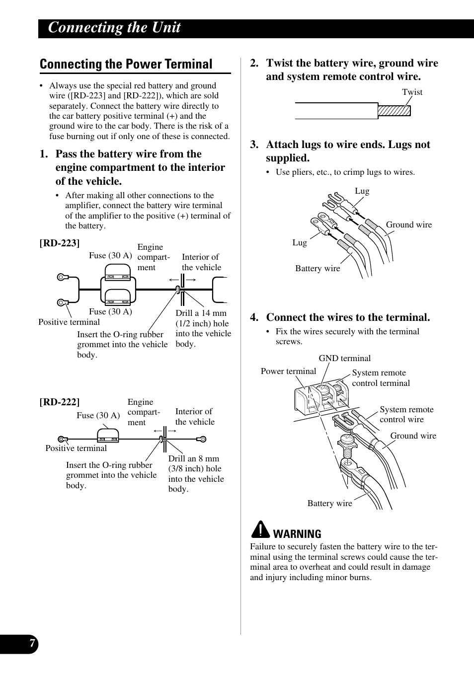 Connecting the power terminal, Connecting the unit | Pioneer PRS-D1000M User Manual | Page 8 / 50
