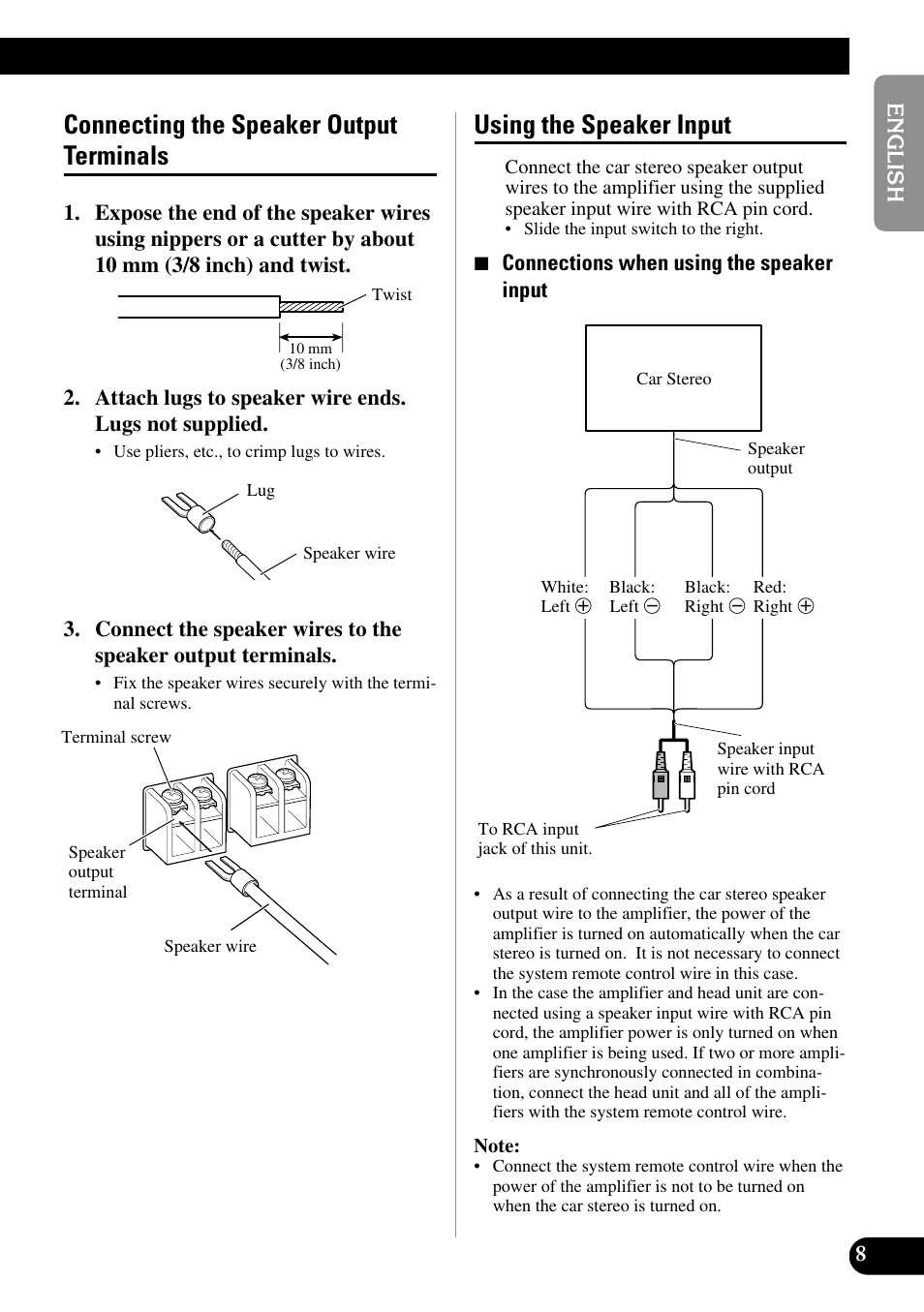 Connecting the speaker output terminals, Using the speaker input | Pioneer PRS-D1000M User Manual | Page 9 / 50