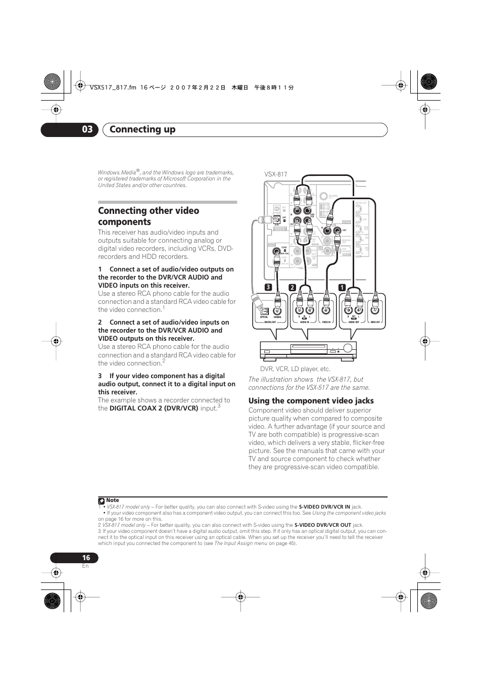 Connecting other video components, Using the component video jacks, Connecting up 03 | The example shows a recorder connected to the, Digital coax 2 (dvr/vcr), Input, Dvr, vcr, ld player, etc | Pioneer VSX-817-S/-K User Manual | Page 16 / 63
