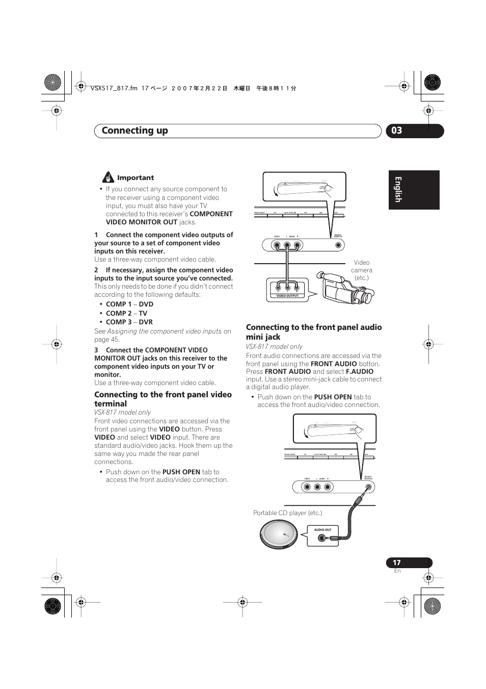Connecting to the front panel video terminal, Connecting to the front panel audio mini jack, Connecting up 03 | Pioneer VSX-817-S/-K User Manual | Page 17 / 63