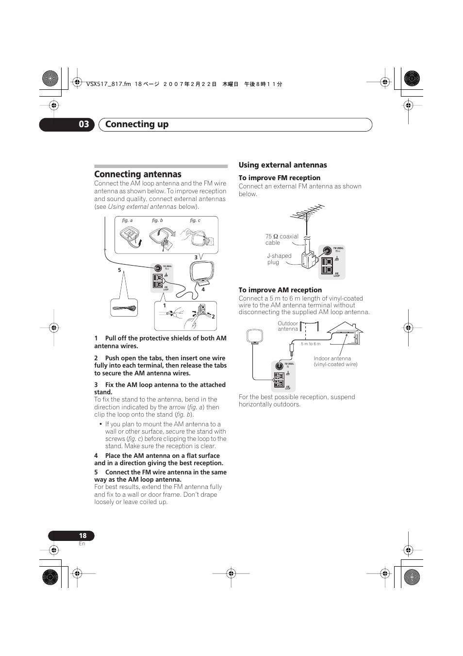 Connecting antennas, Using external antennas, Connecting up 03 | Pioneer VSX-817-S/-K User Manual | Page 18 / 63