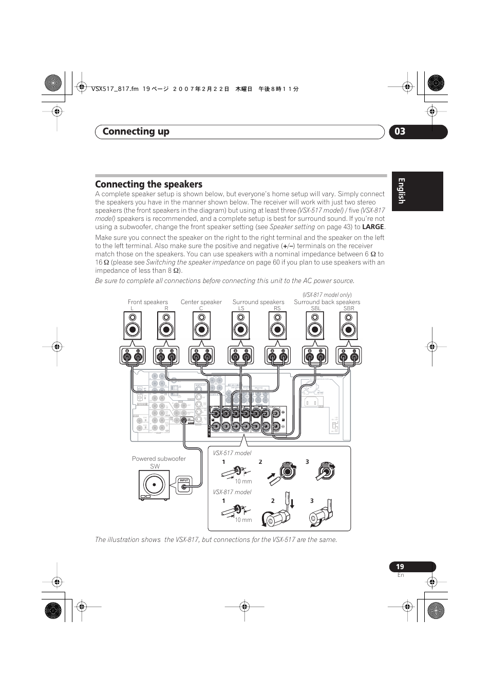 Connecting the speakers, Connecting up 03, Vsx-517 model) | Five, Vsx-817 model), Speaker setting, On page 43) to, Large, Please see, Switching the speaker impedance | Pioneer VSX-817-S/-K User Manual | Page 19 / 63