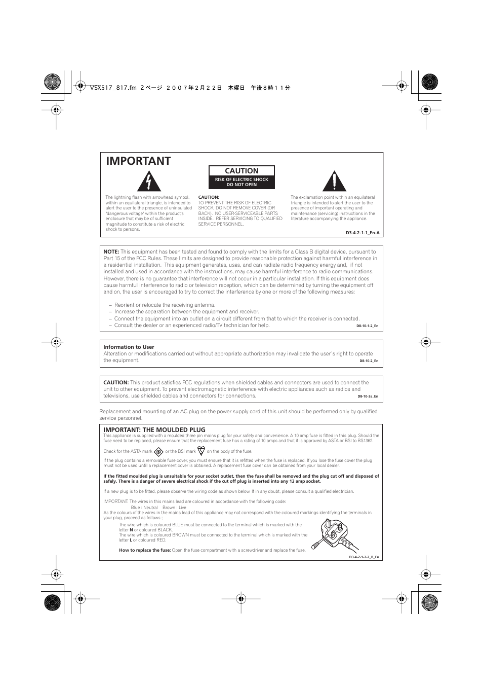 Important, Caution | Pioneer VSX-817-S/-K User Manual | Page 2 / 63
