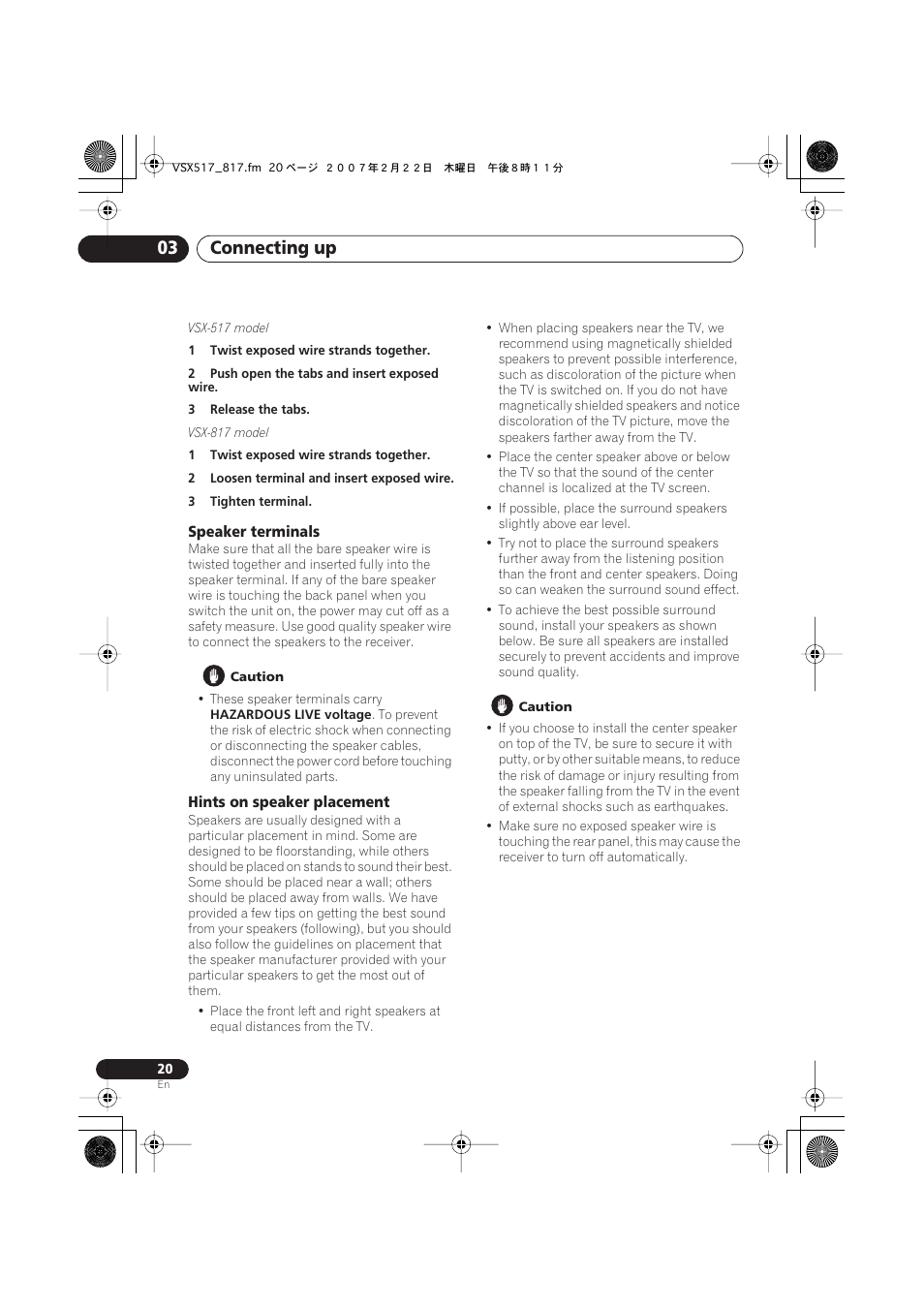 Speaker terminals, Hints on speaker placement, Connecting up 03 | Pioneer VSX-817-S/-K User Manual | Page 20 / 63