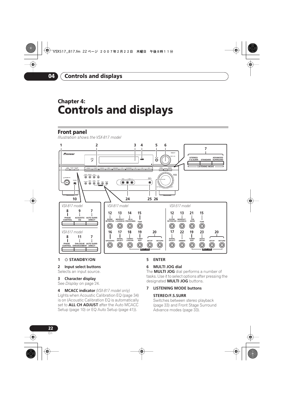 04 controls and displays, Front panel, Controls and displays | Controls and displays 04, Chapter 4, Illustration shows the vsx-817 model, Standby/on, 2input select buttons, Selects an input source, 3character display | Pioneer VSX-817-S/-K User Manual | Page 22 / 63