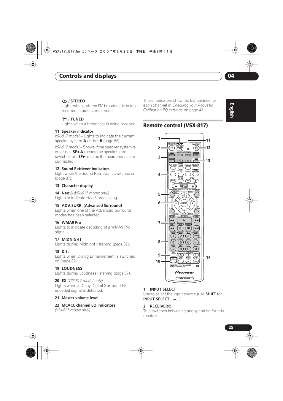 Remote control (vsx-817), Controls and displays 04 | Pioneer VSX-817-S/-K User Manual | Page 25 / 63