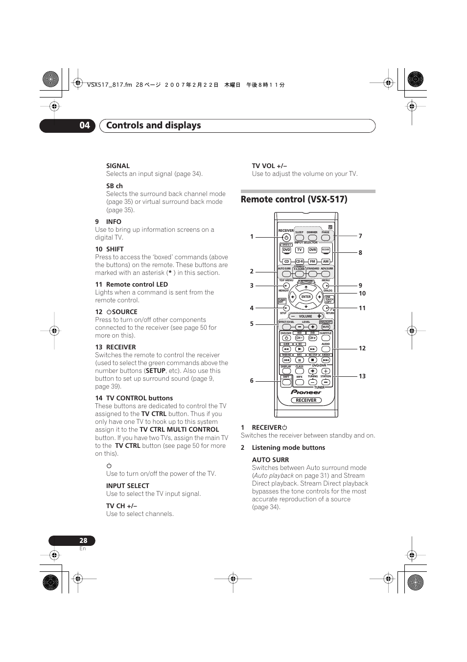 Remote control (vsx-517), Controls and displays 04 | Pioneer VSX-817-S/-K User Manual | Page 28 / 63