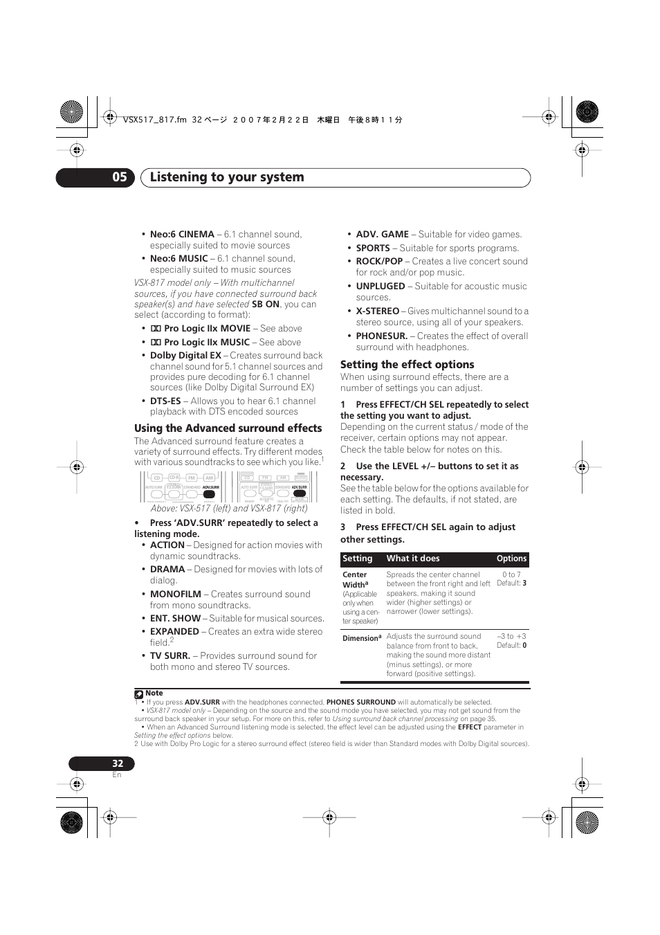 Using the advanced surround effects, Setting the effect options, Listening to your system 05 | Pioneer VSX-817-S/-K User Manual | Page 32 / 63