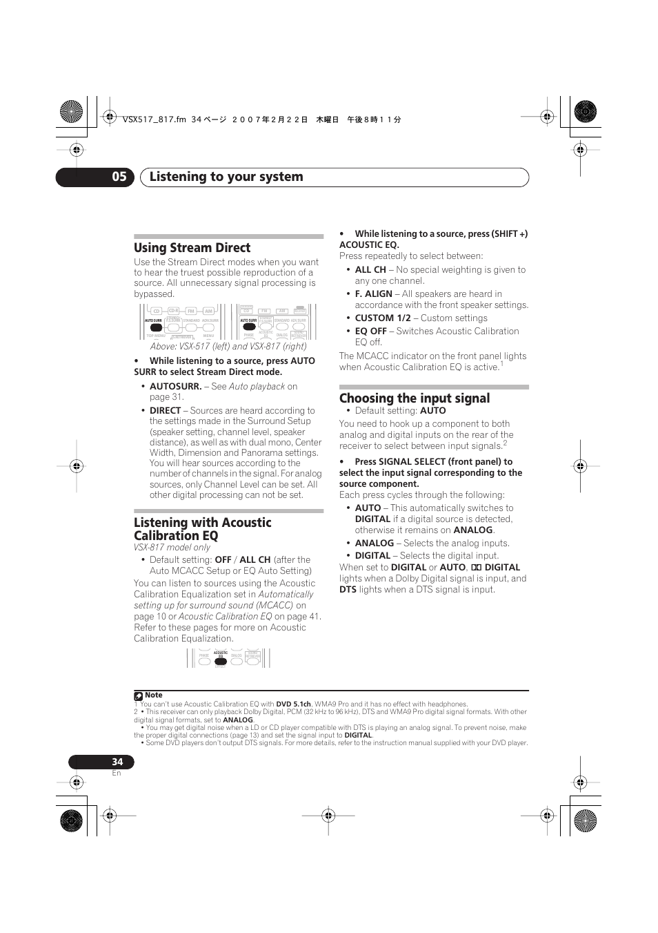 Using stream direct, Listening with acoustic calibration eq, Choosing the input signal | Listening to your system 05 | Pioneer VSX-817-S/-K User Manual | Page 34 / 63