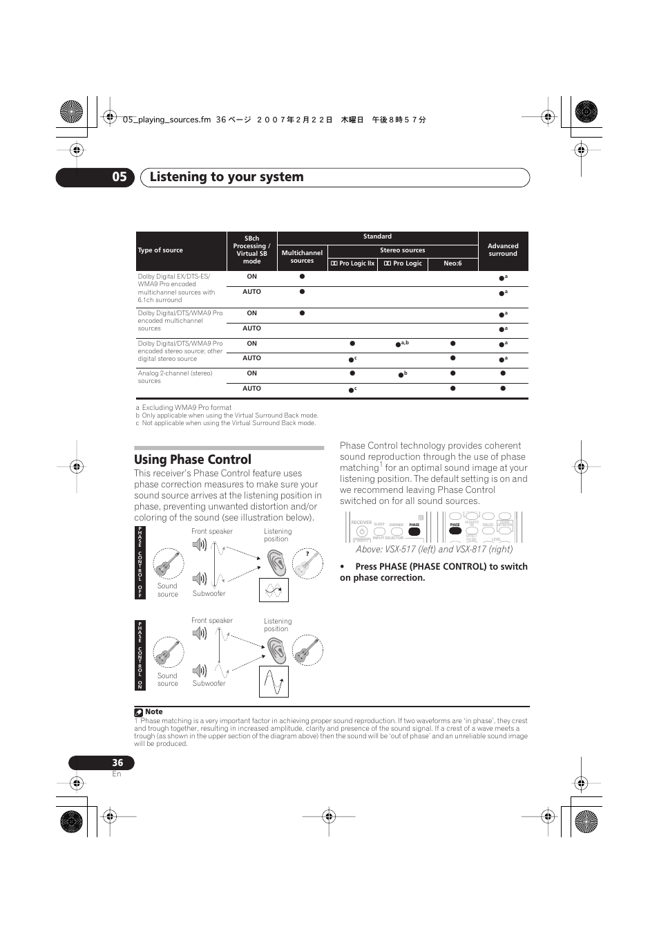Using phase control, Listening to your system 05 | Pioneer VSX-817-S/-K User Manual | Page 36 / 63