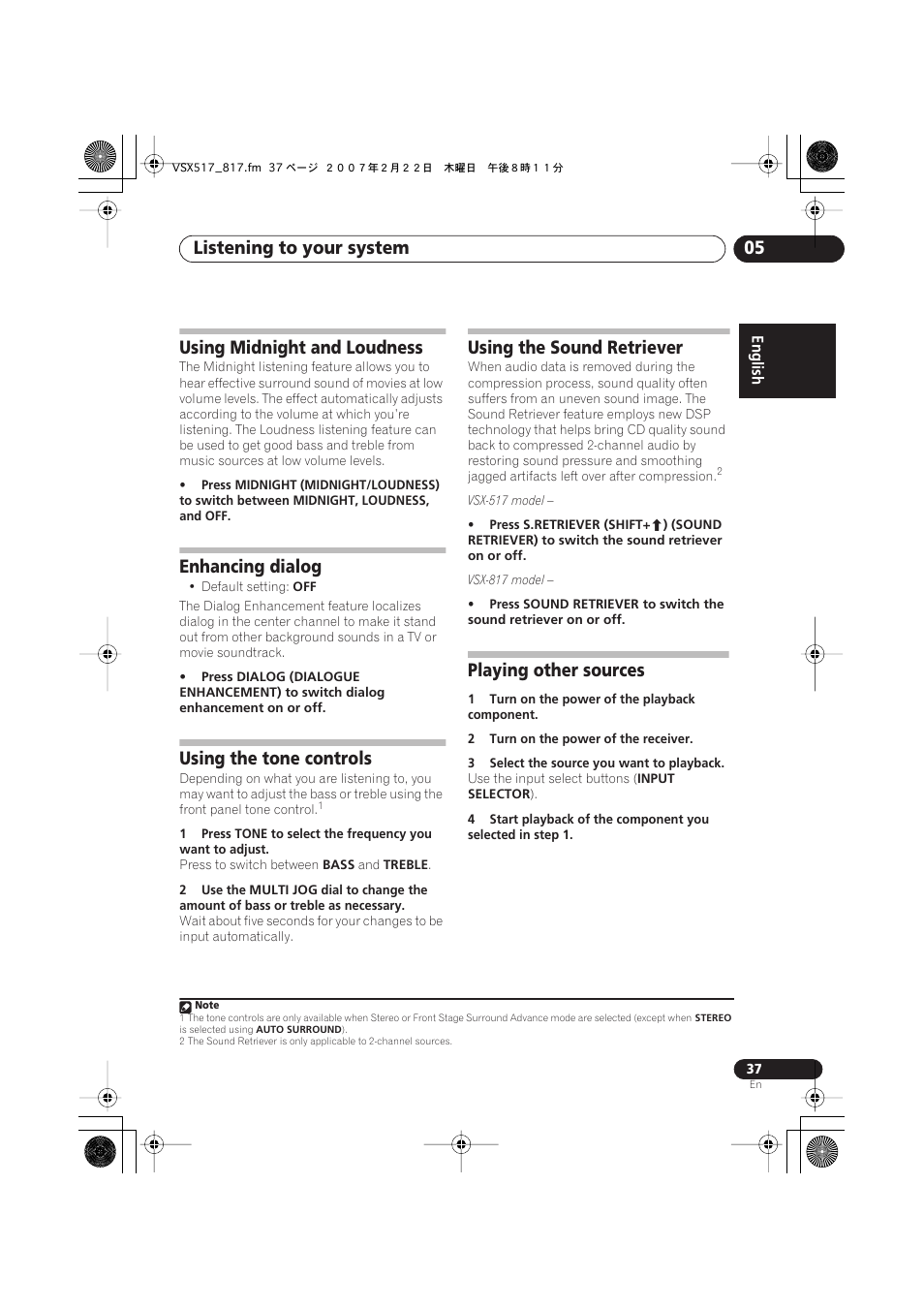 Using midnight and loudness, Enhancing dialog, Using the tone controls | Using the sound retriever, Playing other sources, Listening to your system 05 | Pioneer VSX-817-S/-K User Manual | Page 37 / 63