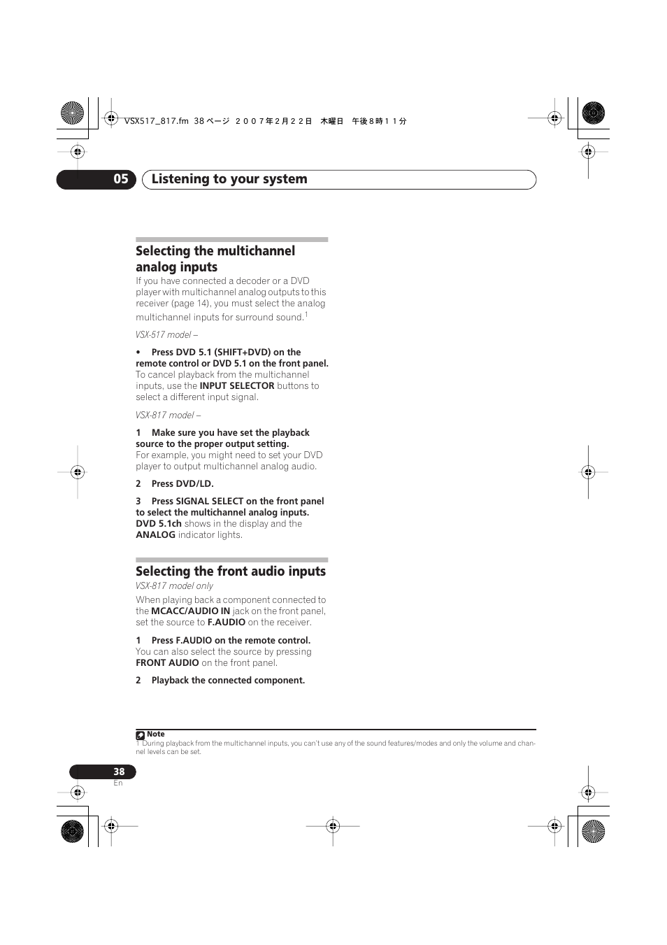 Selecting the multichannel analog inputs, Selecting the front audio inputs, Listening to your system 05 | Pioneer VSX-817-S/-K User Manual | Page 38 / 63
