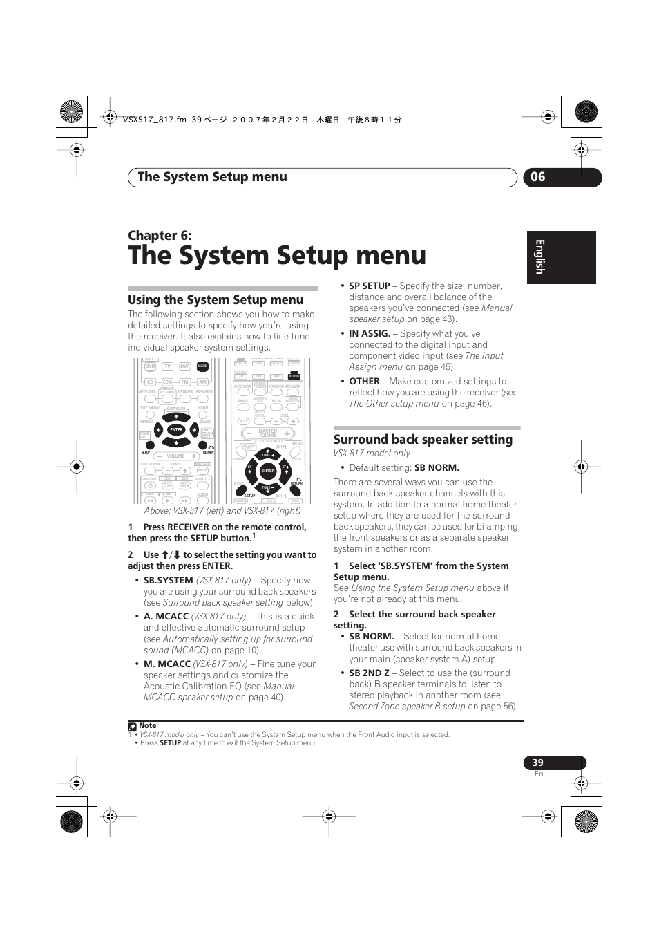 06 the system setup menu, Using the system setup menu, Surround back speaker setting | The system setup menu, The system setup menu 06, Chapter 6 | Pioneer VSX-817-S/-K User Manual | Page 39 / 63