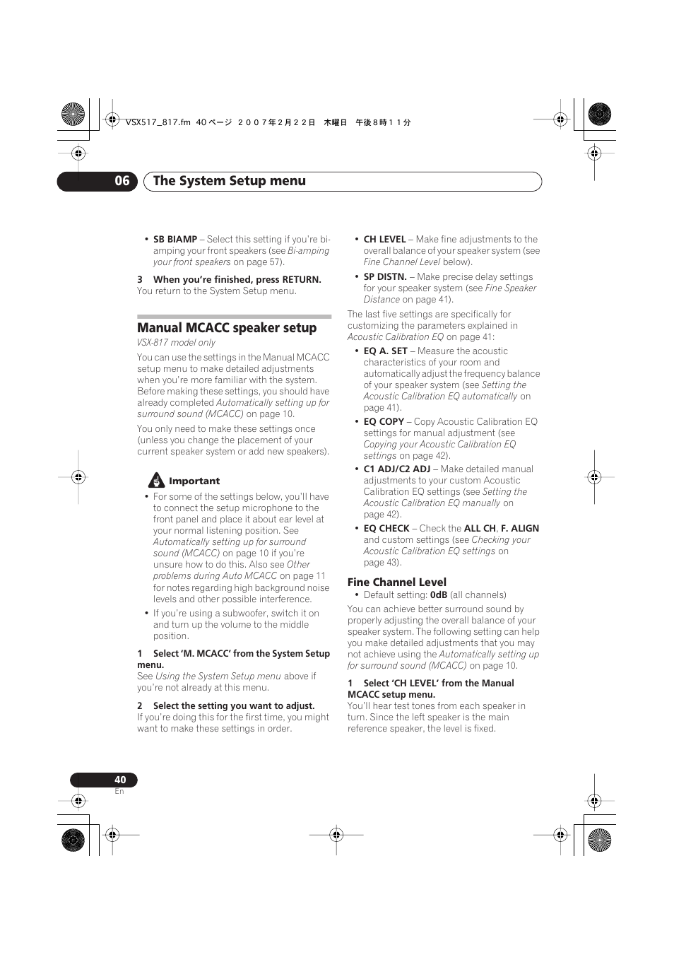 Manual mcacc speaker setup, Fine channel level, The system setup menu 06 | Pioneer VSX-817-S/-K User Manual | Page 40 / 63