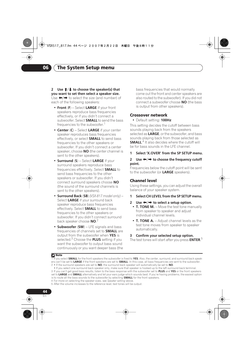 Crossover network, Channel level, The system setup menu 06 | Pioneer VSX-817-S/-K User Manual | Page 44 / 63