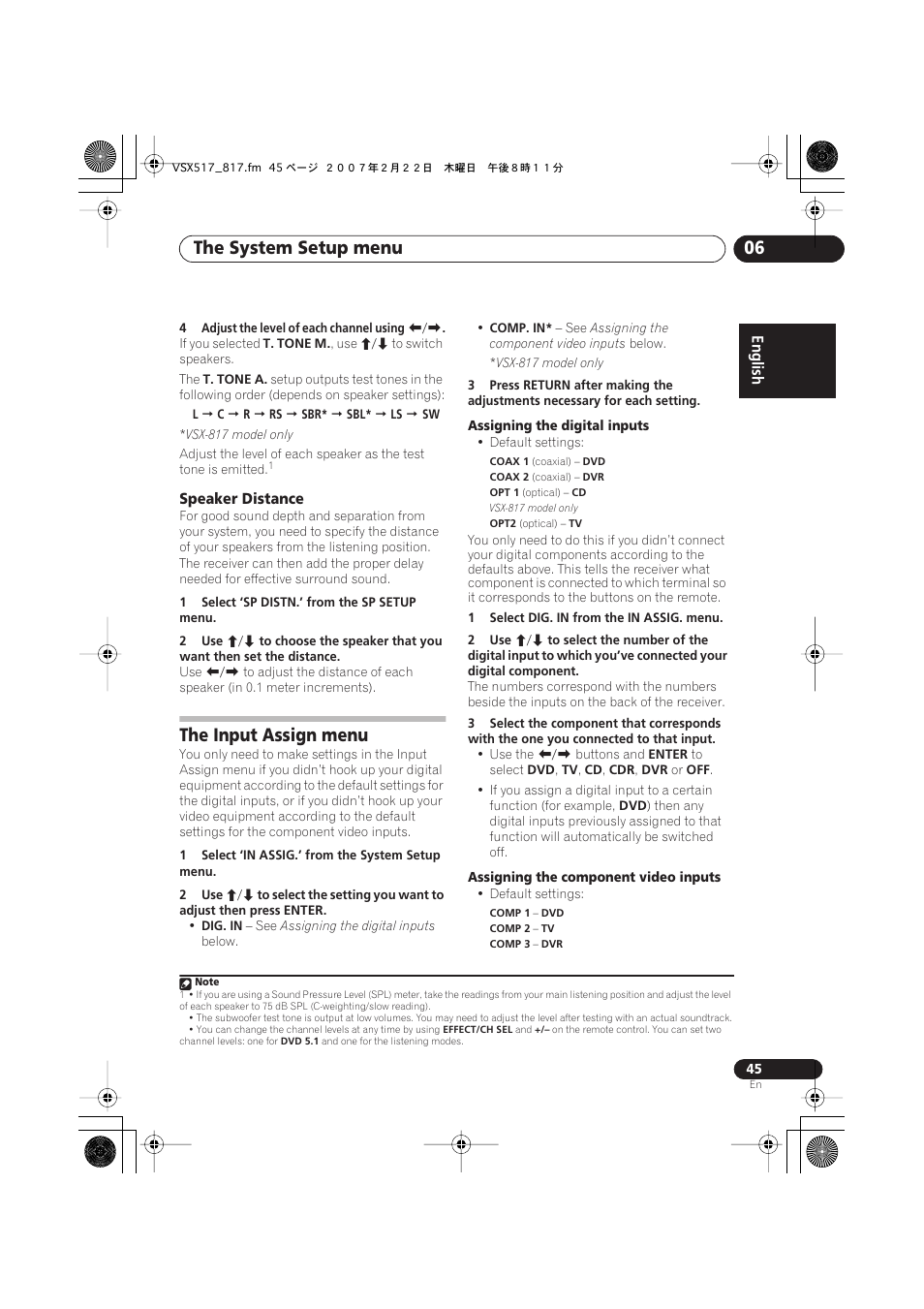 Speaker distance, The input assign menu, The system setup menu 06 | Pioneer VSX-817-S/-K User Manual | Page 45 / 63