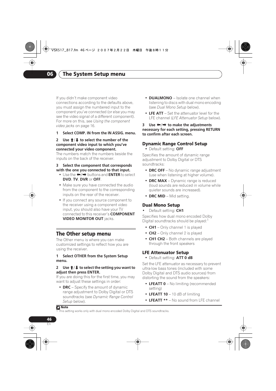 The other setup menu, Dynamic range control setup, Dual mono setup | Lfe attenuator setup, The system setup menu 06 | Pioneer VSX-817-S/-K User Manual | Page 46 / 63