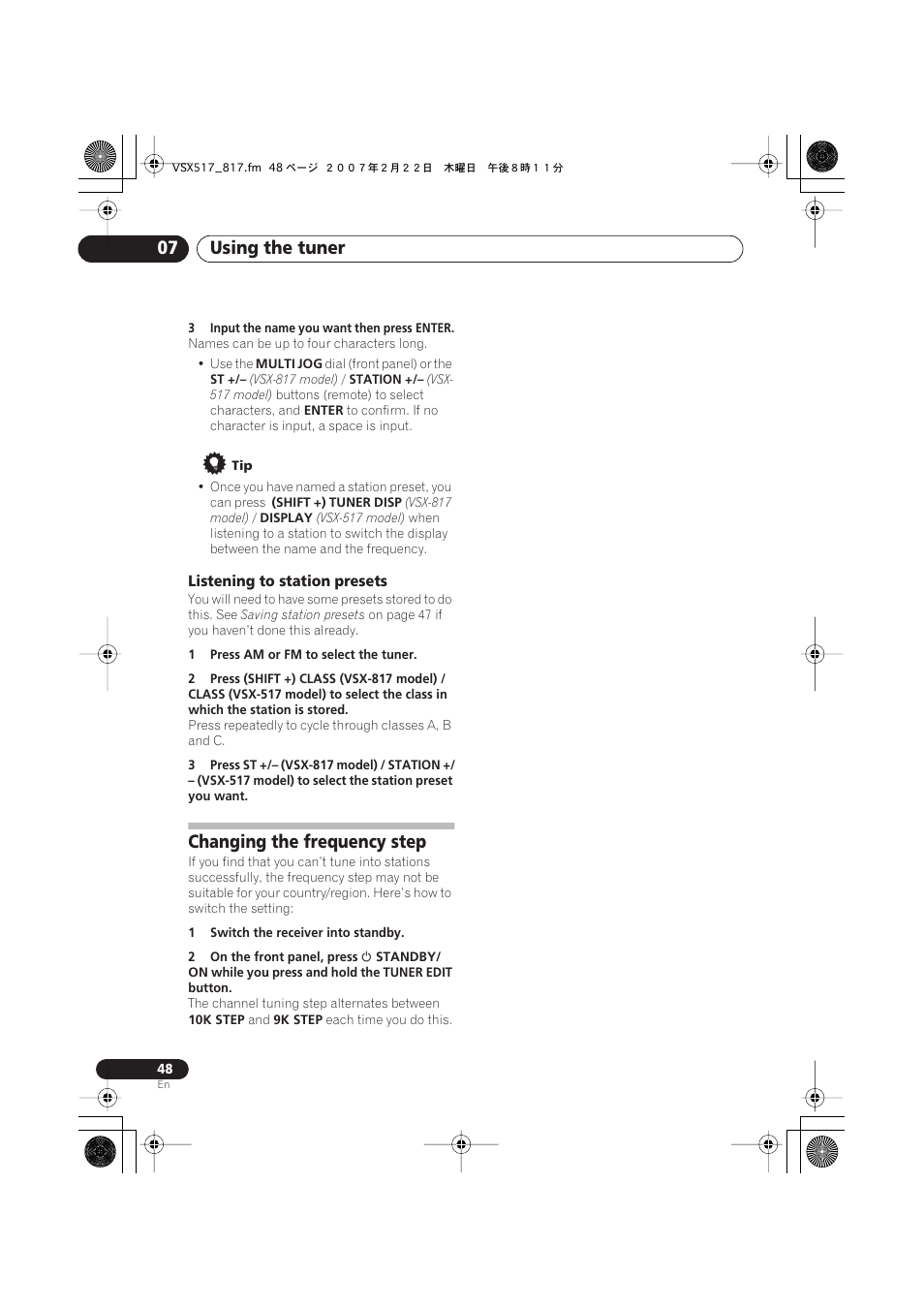 Listening to station presets, Changing the frequency step, Using the tuner 07 | Pioneer VSX-817-S/-K User Manual | Page 48 / 63