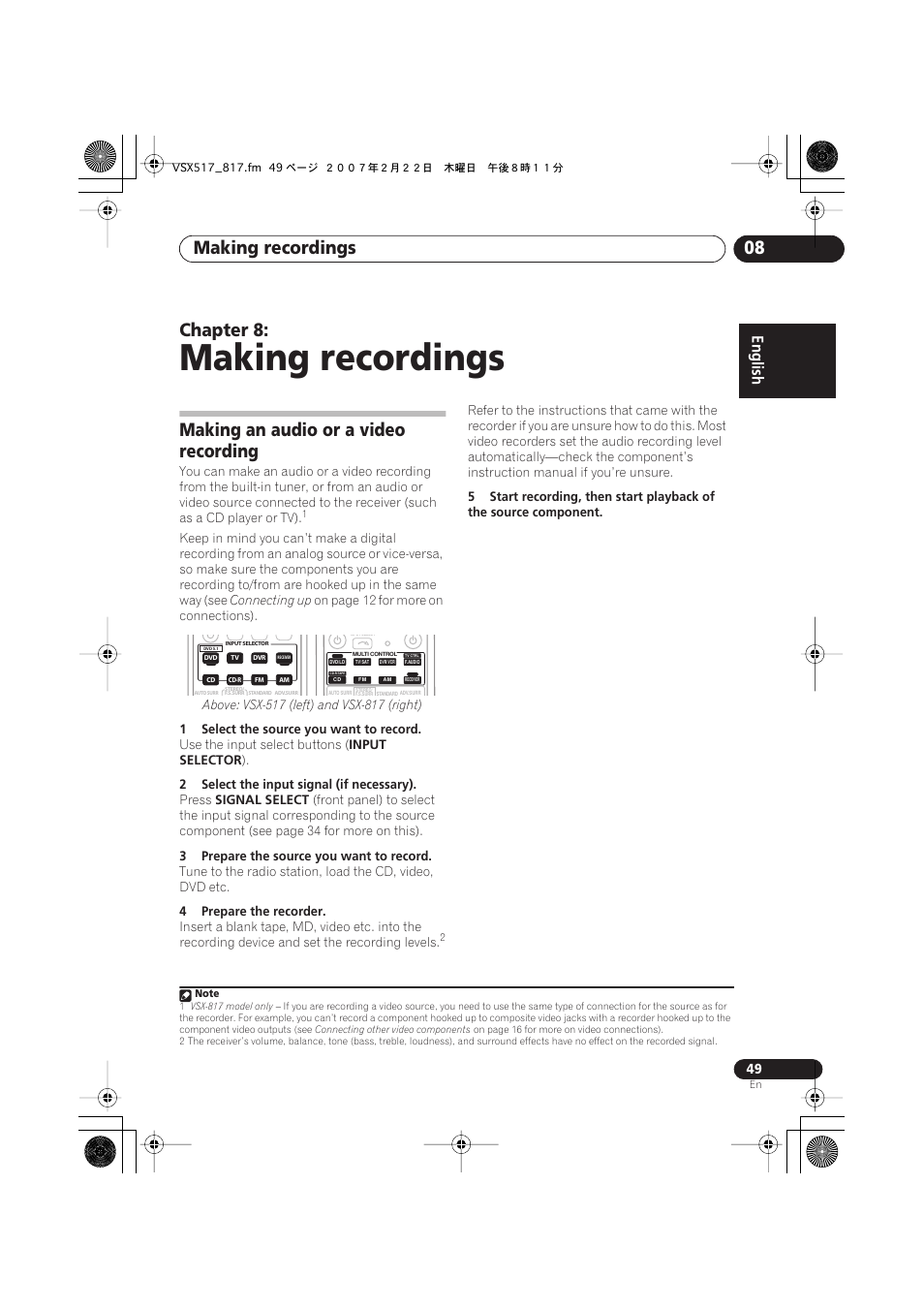 08 making recordings, Making an audio or a video recording, Making recordings | Making recordings 08, Chapter 8 | Pioneer VSX-817-S/-K User Manual | Page 49 / 63