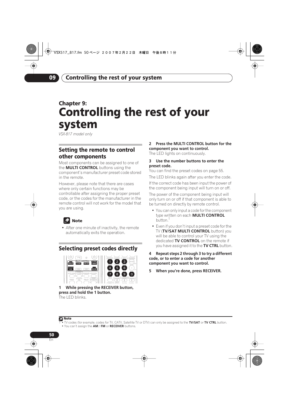 09 controlling the rest of your system, Setting the remote to control other components, Selecting preset codes directly | Controlling the rest of your system, Controlling the rest of your system 09, Chapter 9 | Pioneer VSX-817-S/-K User Manual | Page 50 / 63