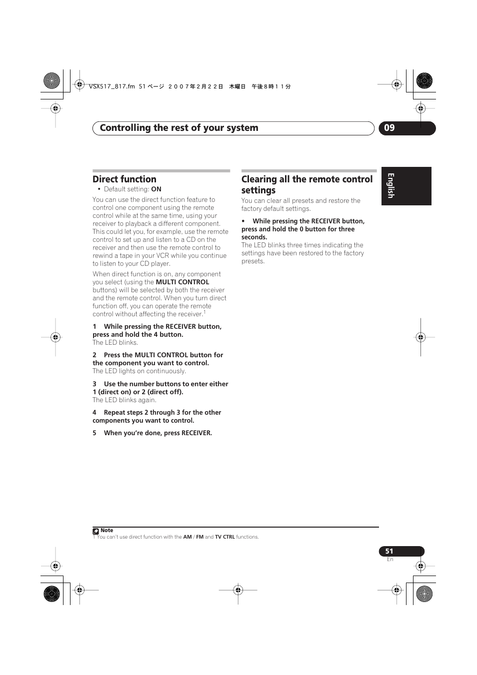 Direct function, Clearing all the remote control settings, Controlling the rest of your system 09 | Pioneer VSX-817-S/-K User Manual | Page 51 / 63
