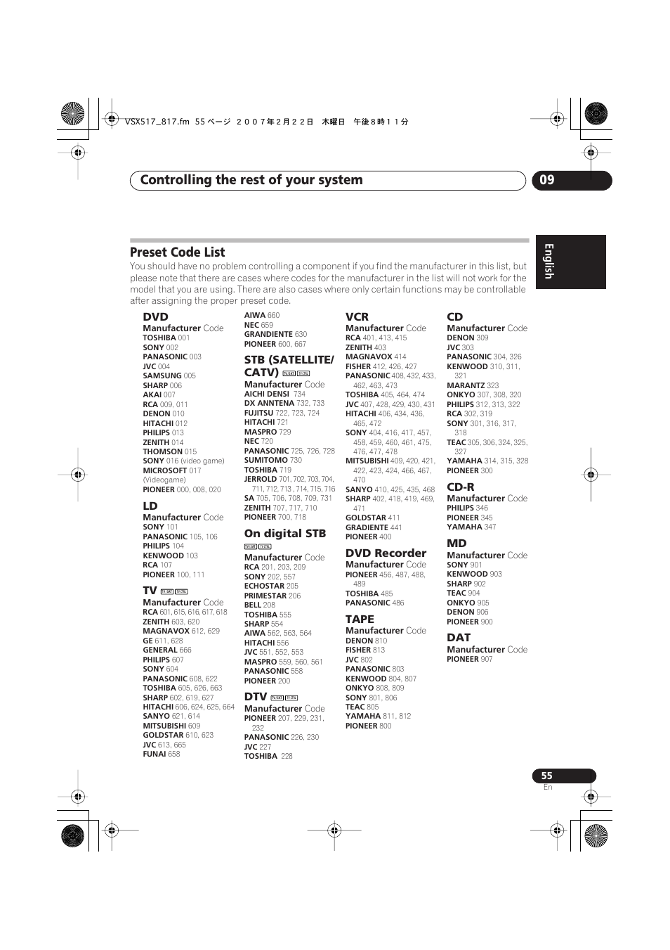 Preset code list, Controlling the rest of your system 09, Stb (satellite/ catv) | On digital stb, Dvd recorder, Tape, Cd-r | Pioneer VSX-817-S/-K User Manual | Page 55 / 63