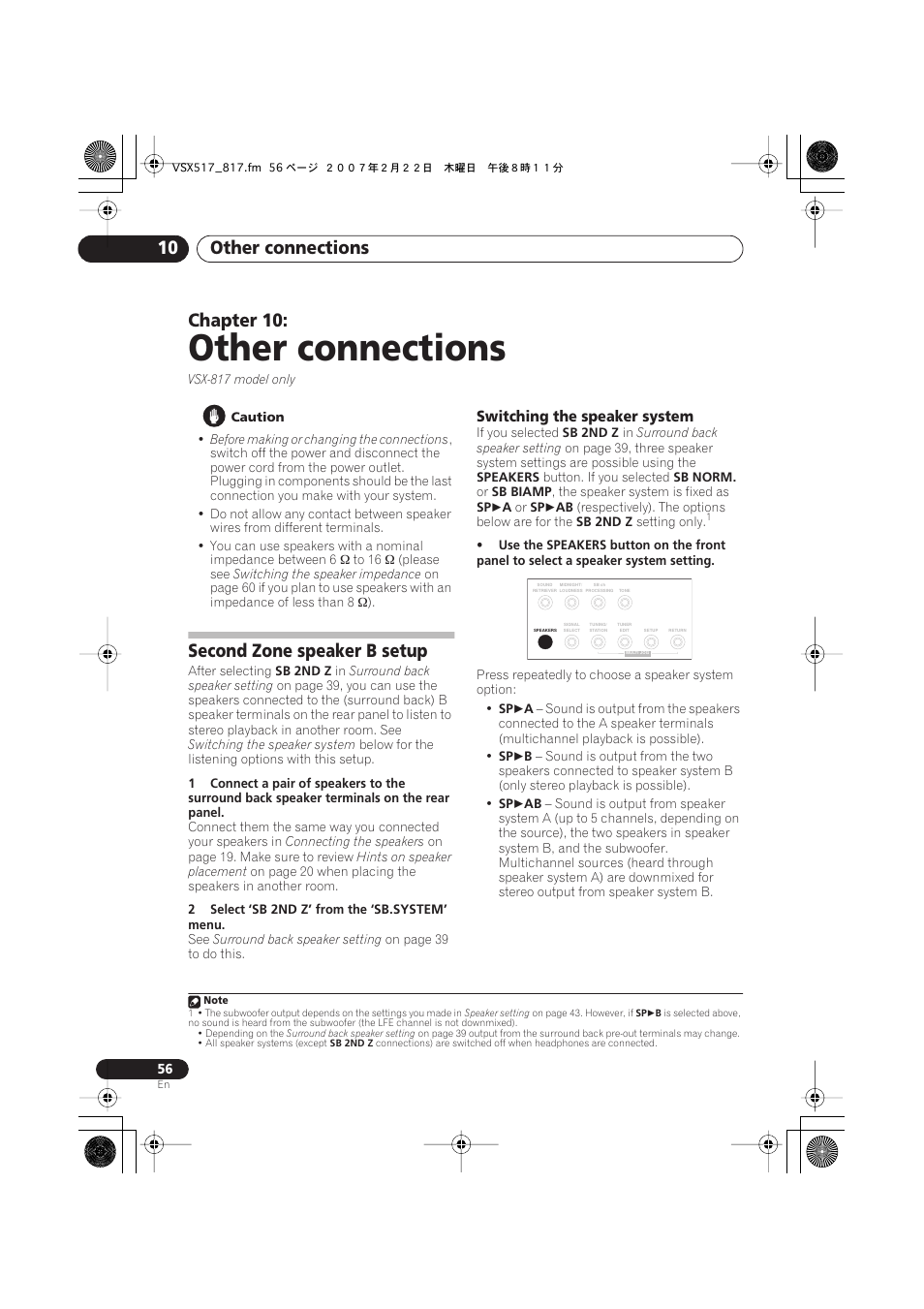 10 other connections, Second zone speaker b setup, Switching the speaker system | Other connections, Other connections 10, Chapter 10 | Pioneer VSX-817-S/-K User Manual | Page 56 / 63
