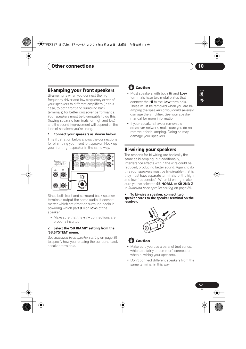 Bi-amping your front speakers, Bi-wiring your speakers, Other connections 10 | Pioneer VSX-817-S/-K User Manual | Page 57 / 63