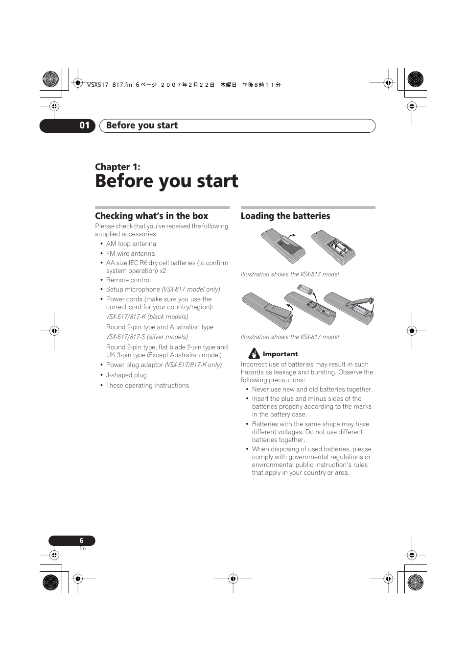 01 before you start, Checking what’s in the box, Loading the batteries | Before you start, Before you start 01, Chapter 1 | Pioneer VSX-817-S/-K User Manual | Page 6 / 63