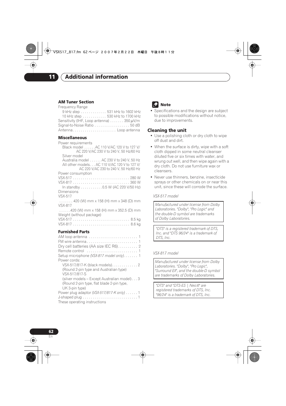 Cleaning the unit, Additional information 11 | Pioneer VSX-817-S/-K User Manual | Page 62 / 63