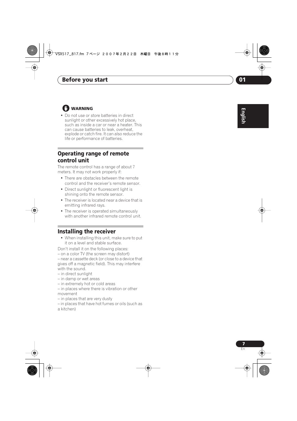 Operating range of remote control unit, Installing the receiver, Before you start 01 | Pioneer VSX-817-S/-K User Manual | Page 7 / 63