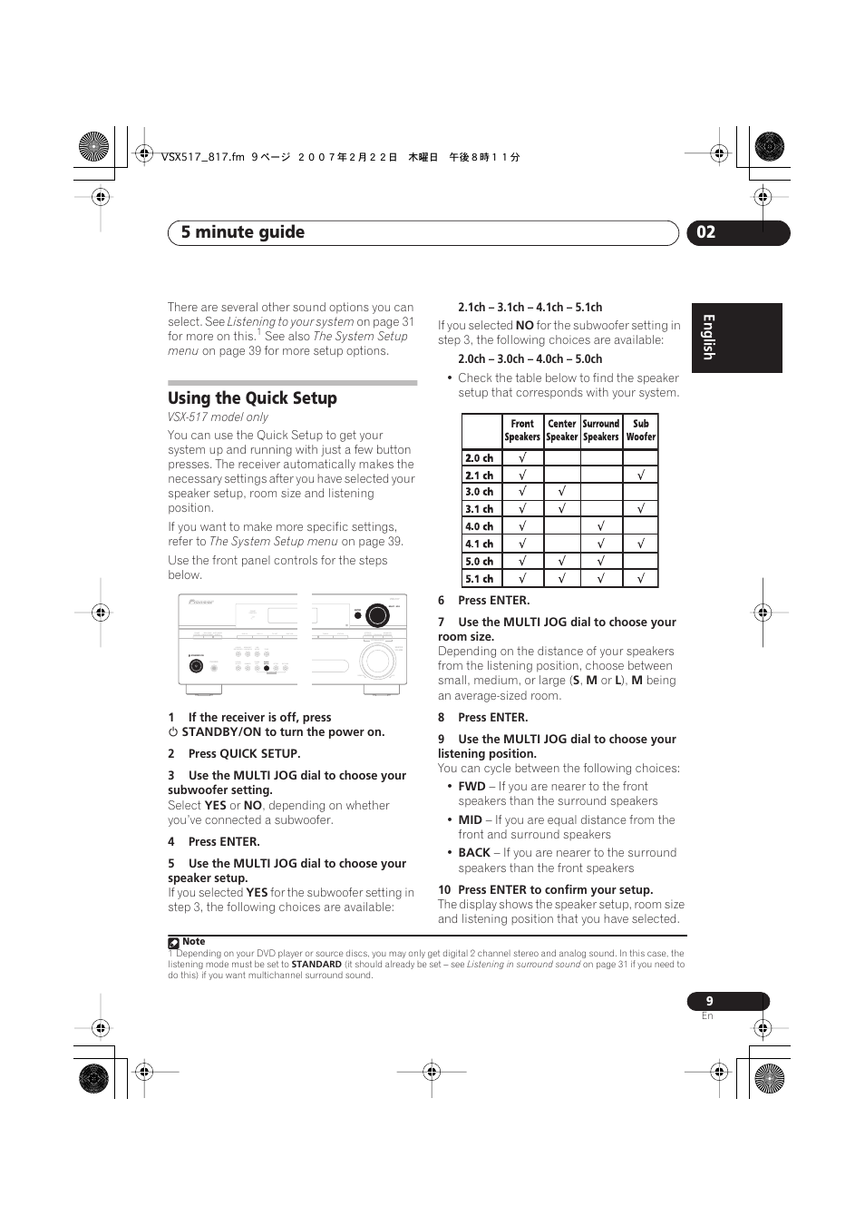 Using the quick setup, 5 minute guide 02 | Pioneer VSX-817-S/-K User Manual | Page 9 / 63