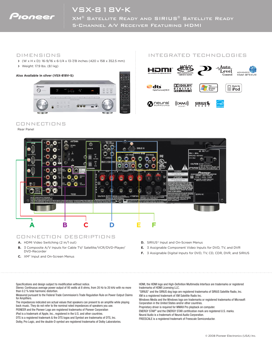 Vsx-818v-k, Ab c d e, Dimensions | Integrated technologies, Connection descriptions, Connections, Satellite ready and sirius | Pioneer VSX-818V-K User Manual | Page 2 / 2