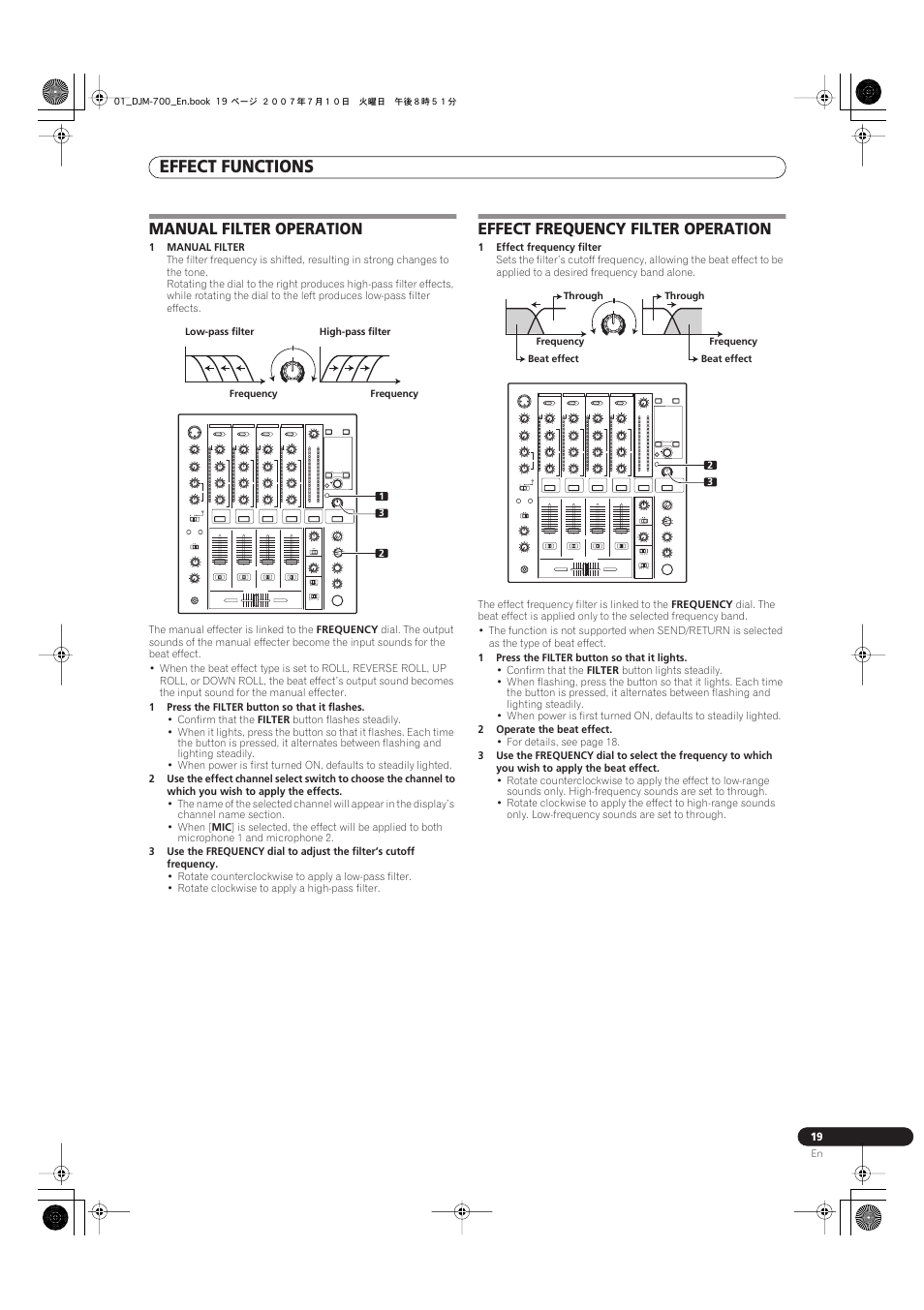 Effect functions, Manual filter operation, Effect frequency filter operation | Pioneer DJM-700-S User Manual | Page 19 / 28
