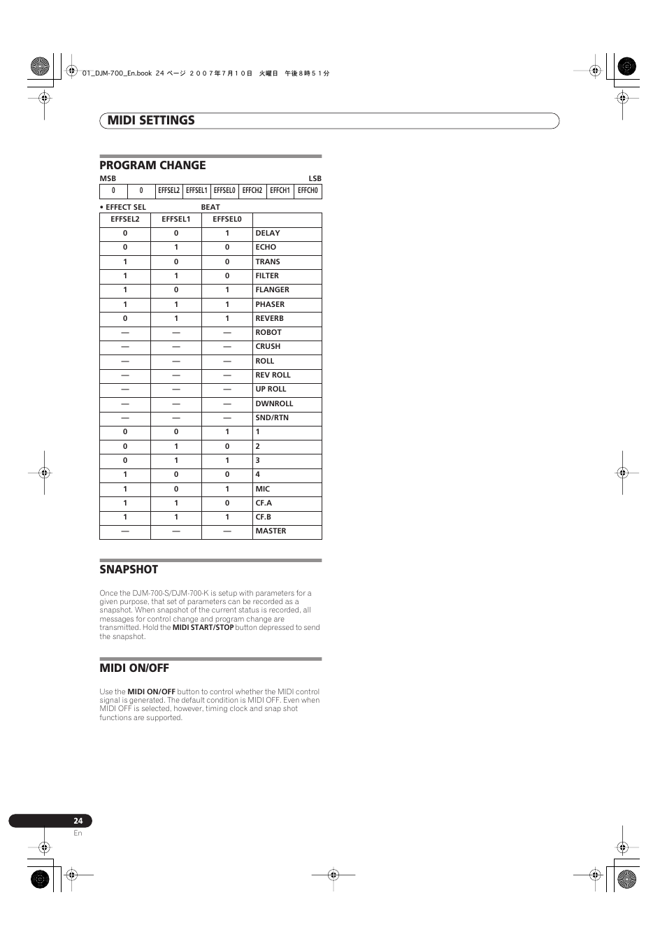 Program change snapshot midi on/off, Midi settings, Program change | Snapshot, Midi on/off | Pioneer DJM-700-S User Manual | Page 24 / 28