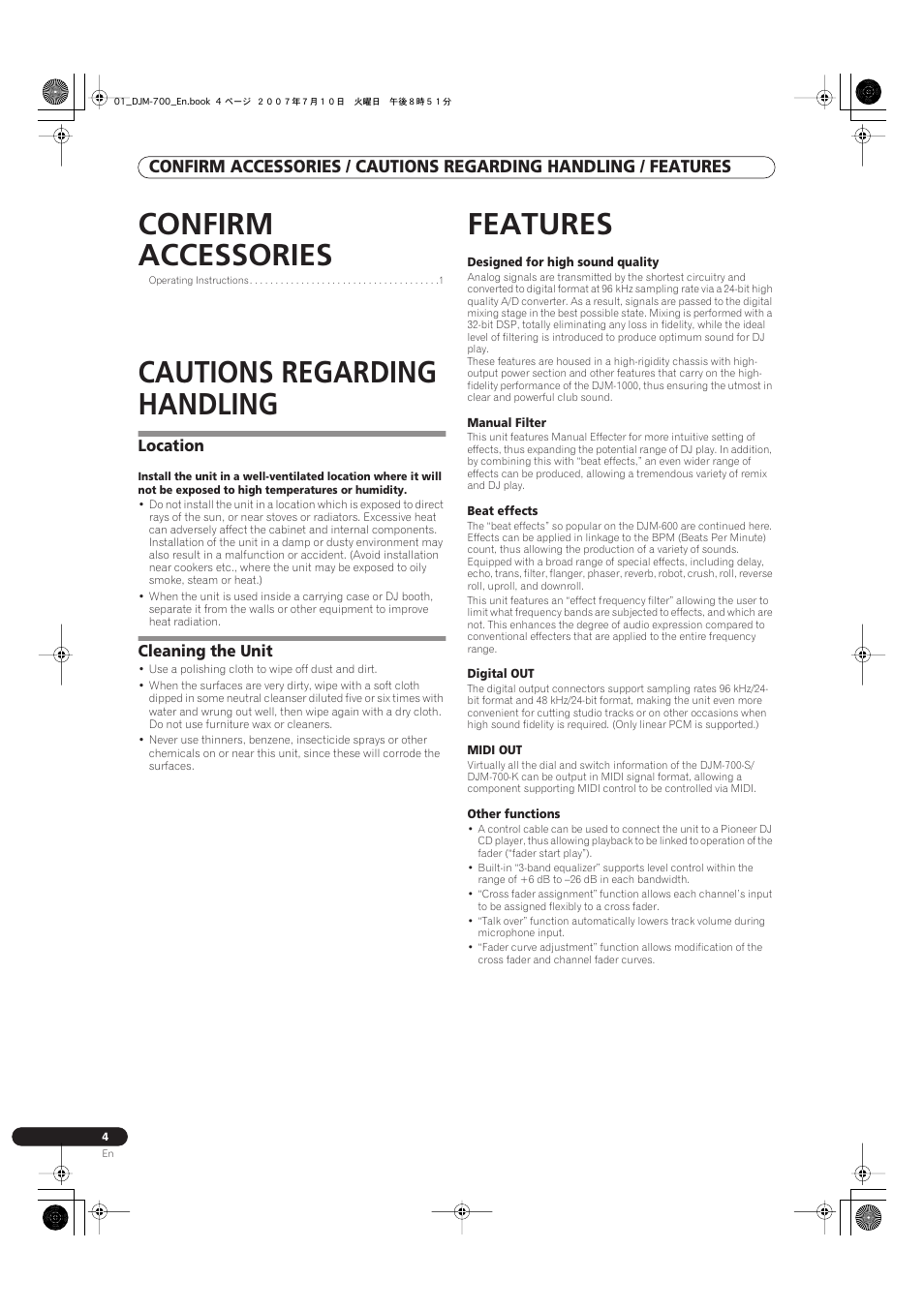 Confirm accessories, Cautions regarding handling, Location cleaning the unit | Features, Location, Cleaning the unit | Pioneer DJM-700-S User Manual | Page 4 / 28