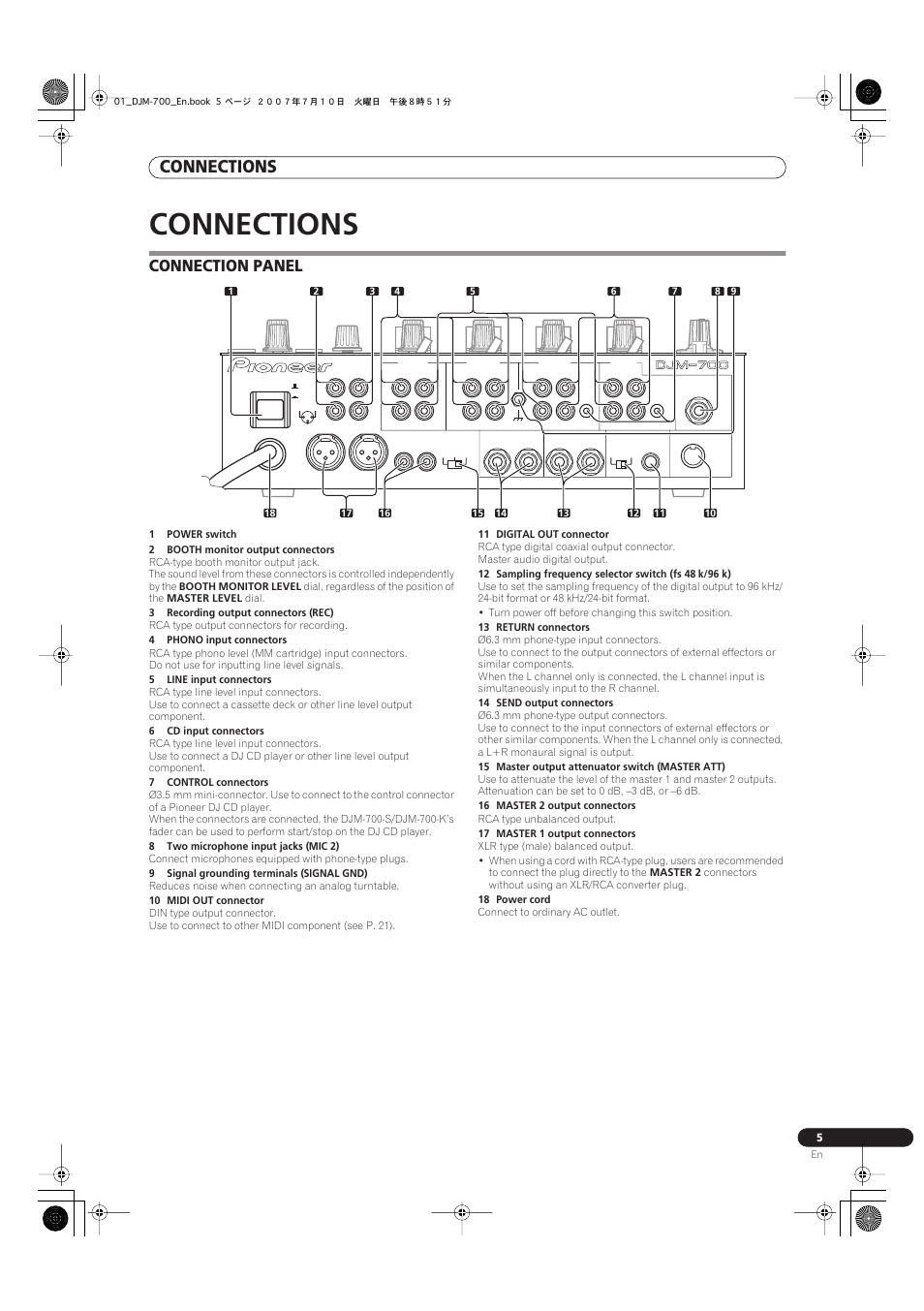 Connections, Connection panel | Pioneer DJM-700-S User Manual | Page 5 / 28