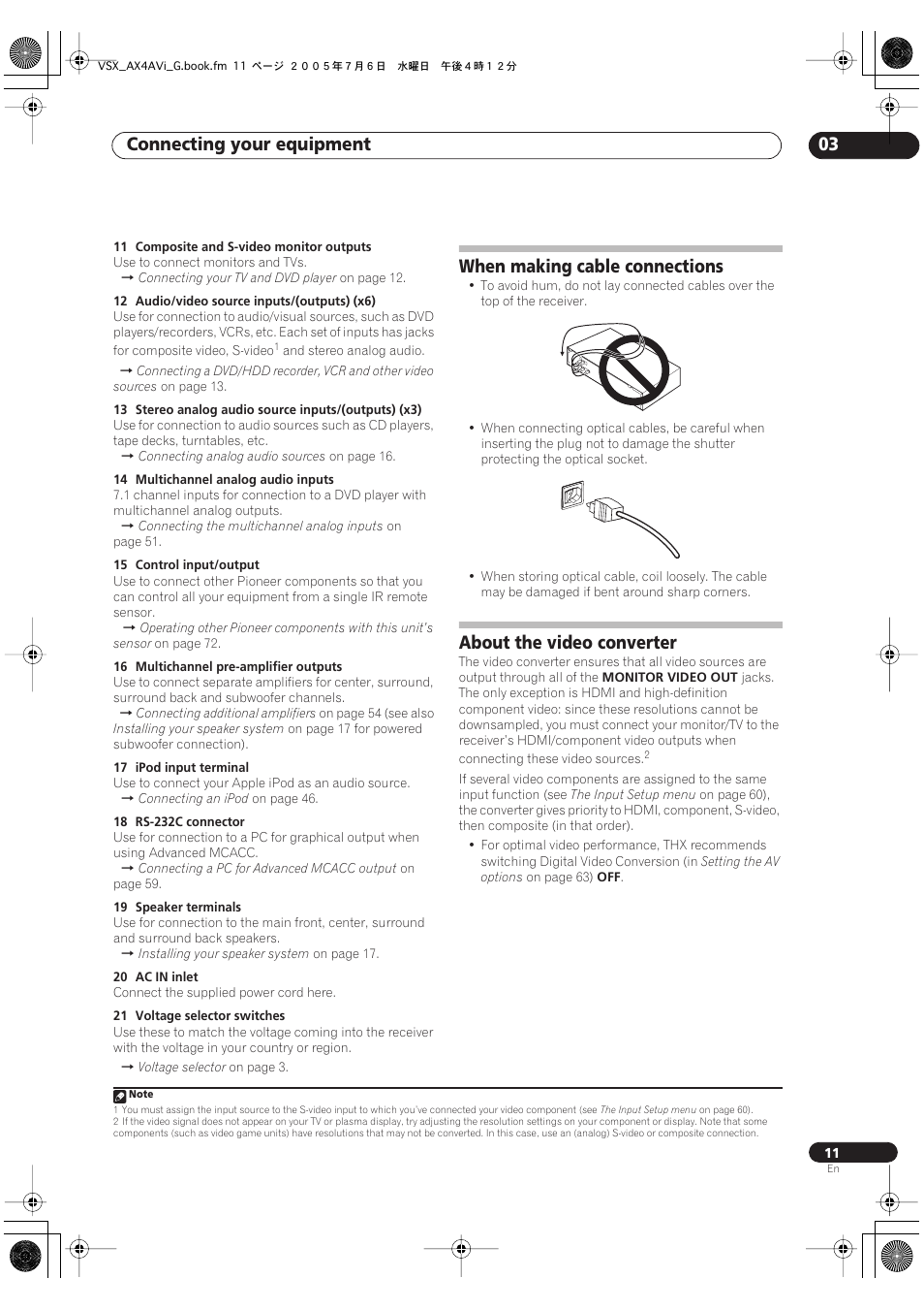 Connecting your equipment 03, When making cable connections, About the video converter | Pioneer VSX-AX4AVi-G User Manual | Page 11 / 87