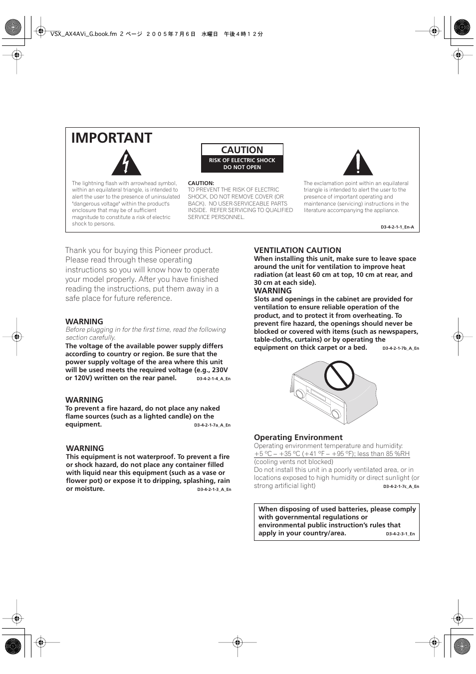 Important, Caution | Pioneer VSX-AX4AVi-G User Manual | Page 2 / 87