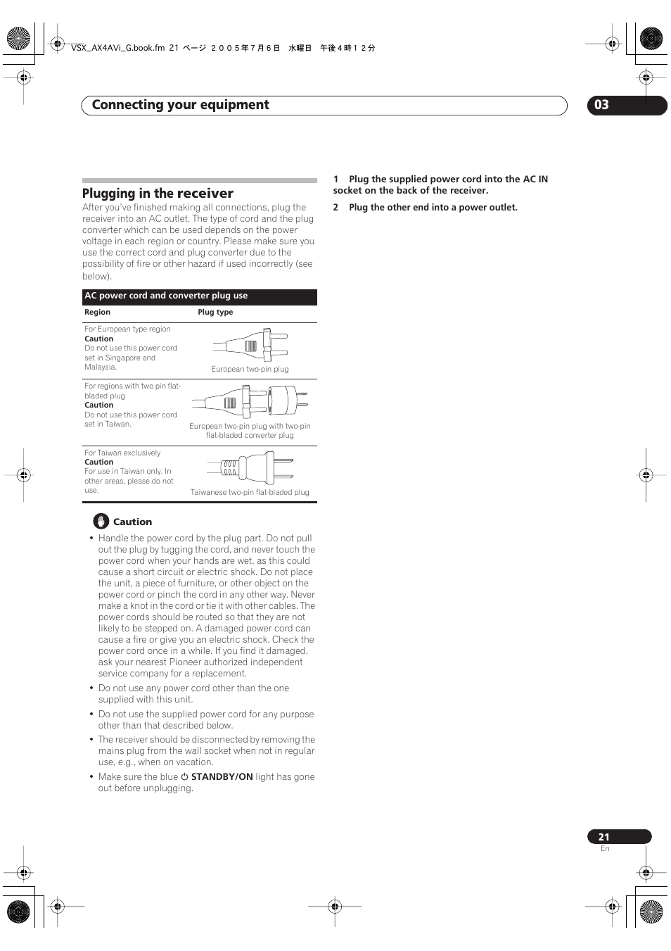 Plugging in the receiver, Connecting your equipment 03 | Pioneer VSX-AX4AVi-G User Manual | Page 21 / 87