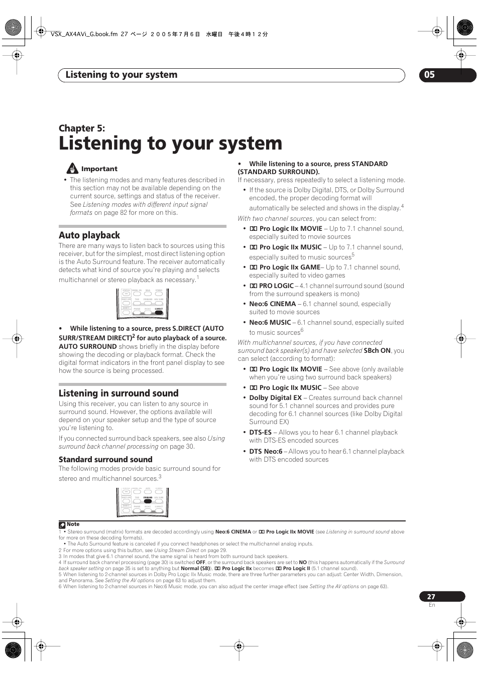 05 listening to your system, Auto playback listening in surround sound, Standard surround sound | Listening to your system, Listening to your system 05, Chapter 5, Auto playback, Listening in surround sound | Pioneer VSX-AX4AVi-G User Manual | Page 27 / 87