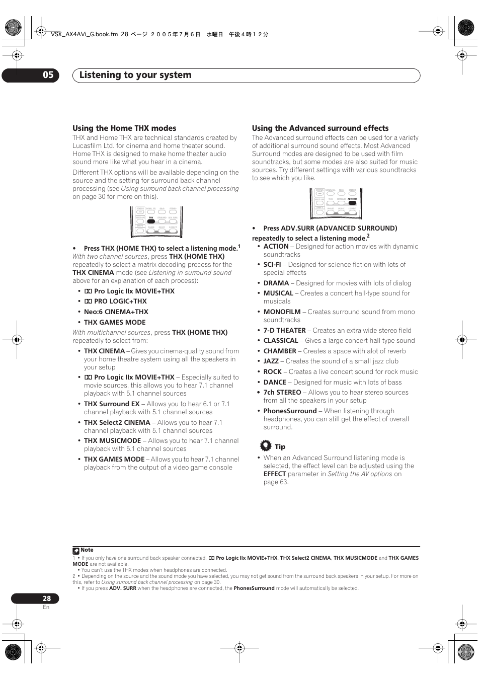 Listening to your system 05, Using the home thx modes, Using the advanced surround effects | Pioneer VSX-AX4AVi-G User Manual | Page 28 / 87