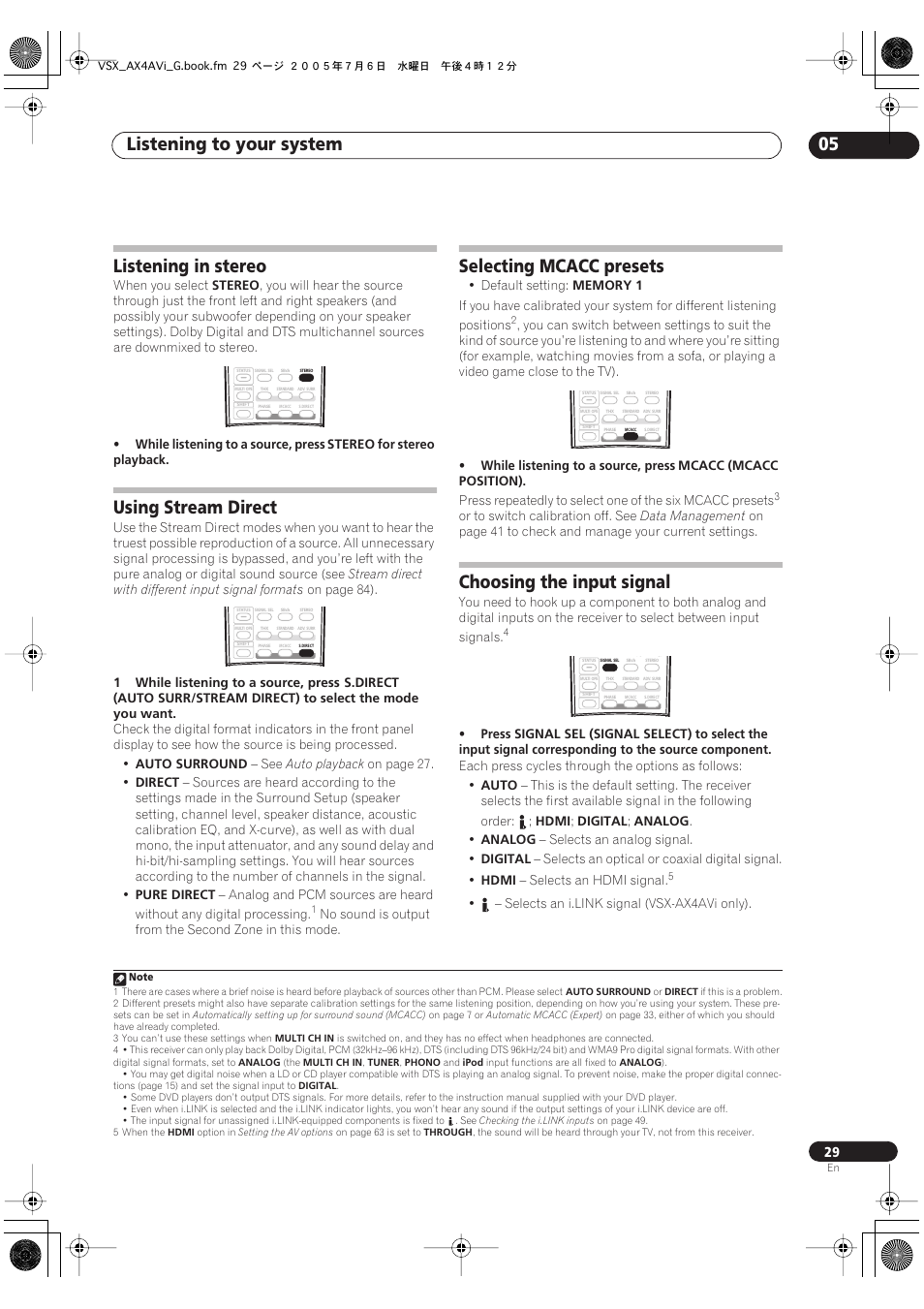 Listening to your system 05, Listening in stereo, Using stream direct | Selecting mcacc presets, Choosing the input signal | Pioneer VSX-AX4AVi-G User Manual | Page 29 / 87