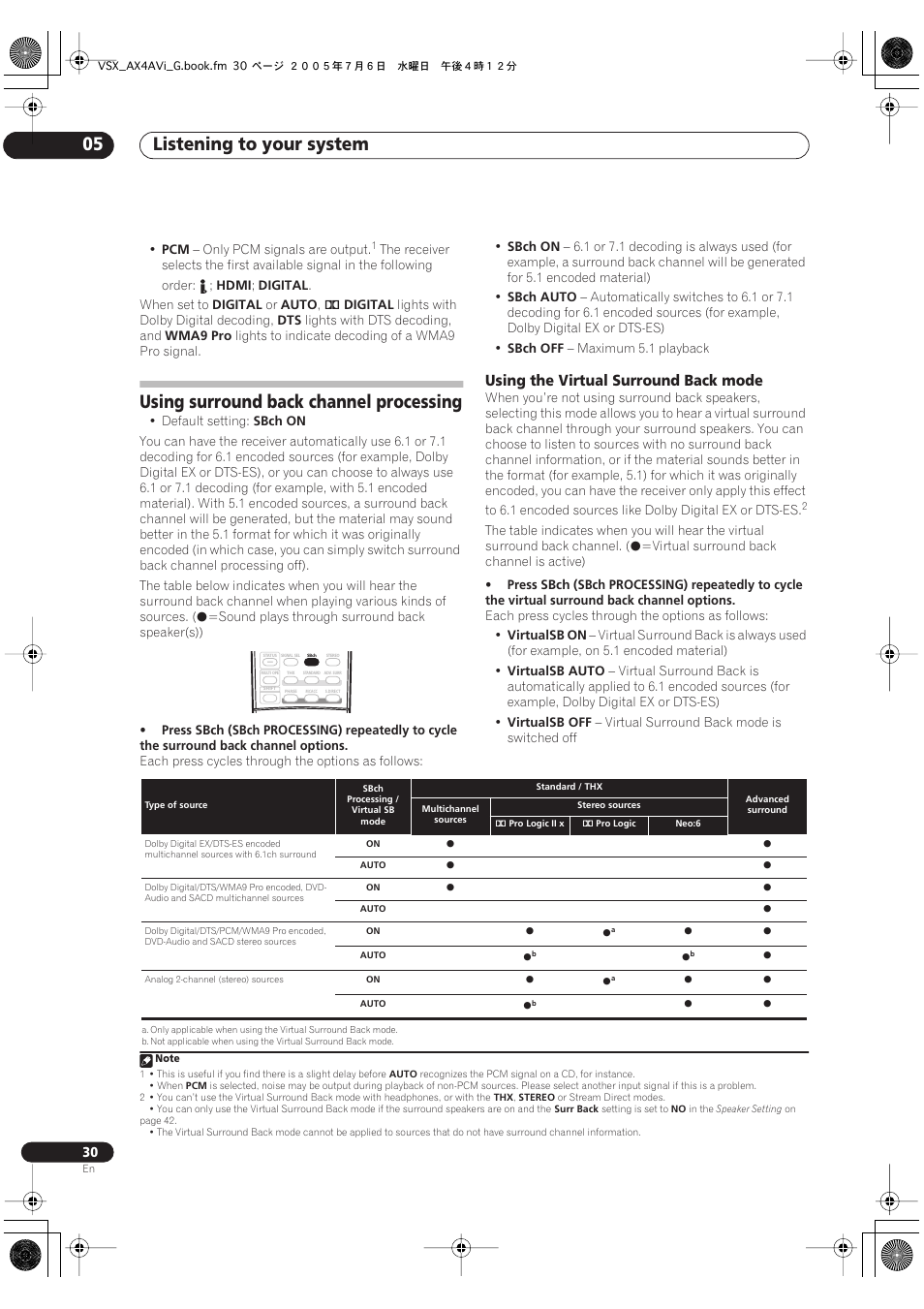 Using surround back channel processing, Using the virtual surround back mode, Listening to your system 05 | Pioneer VSX-AX4AVi-G User Manual | Page 30 / 87